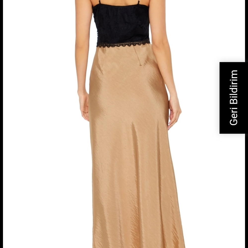Chic Black and Tan Maxi Dress With Lace Necklines and Tie - Picture 7 of 7